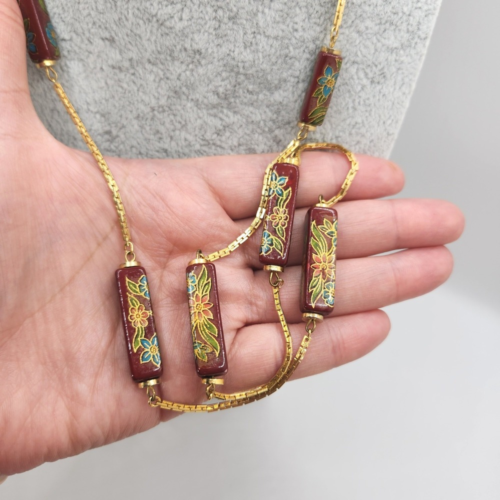Vintage Floral Ceramic Bar Station Necklace Asian Art Cloisonne Style Eclectic